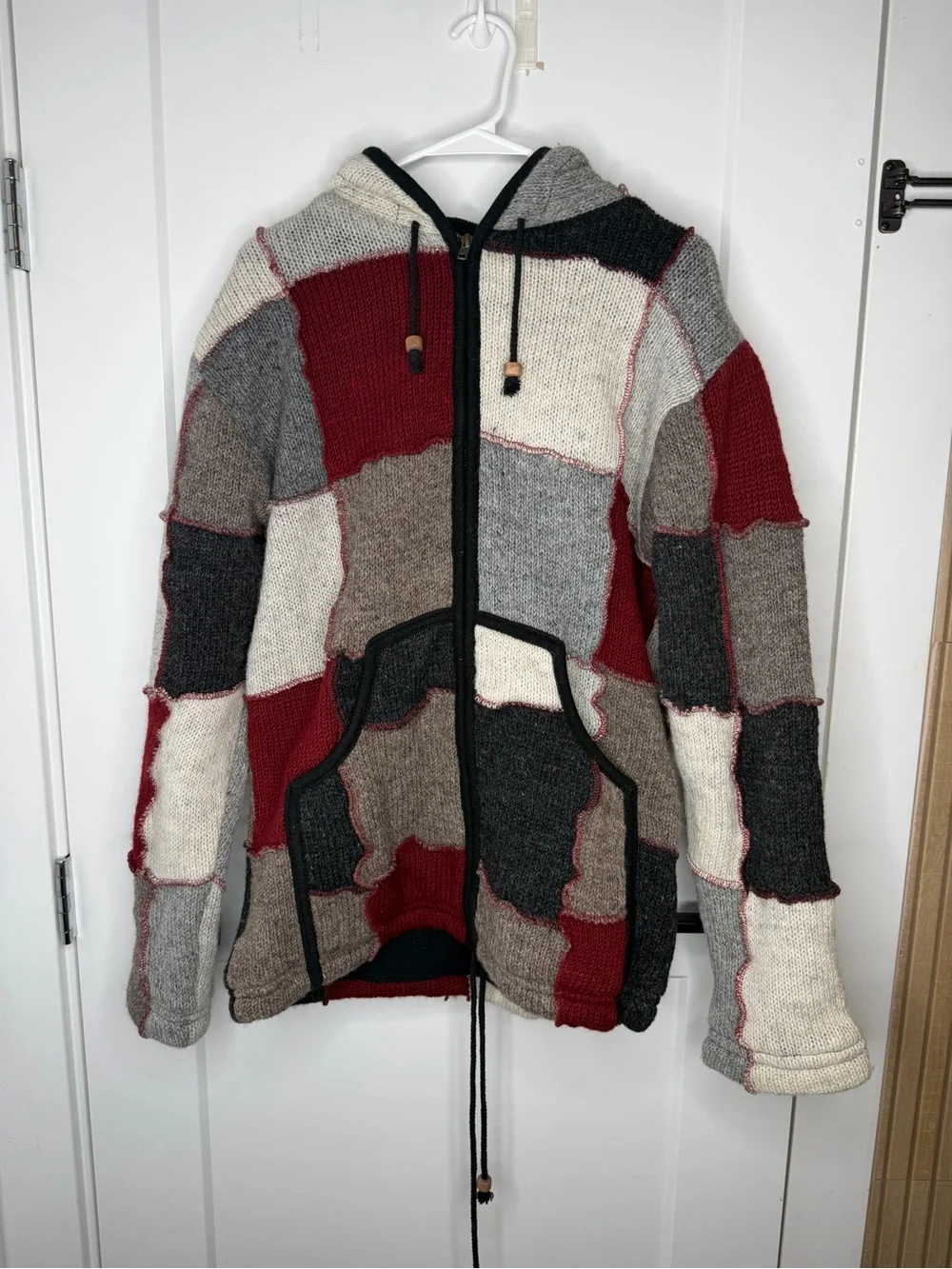 Patchwork Hooded Zip Jacket - Red, Gray & Cream